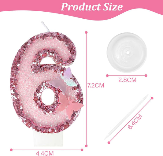 6th Birthday Candles,Glitter Butterfly Cake Toppers Pink Sequins Wedding Numeral Cupcake Decorations,Suitable for Girl and boy Wedding Cakes, Party Celebrations, Birthday Decorations