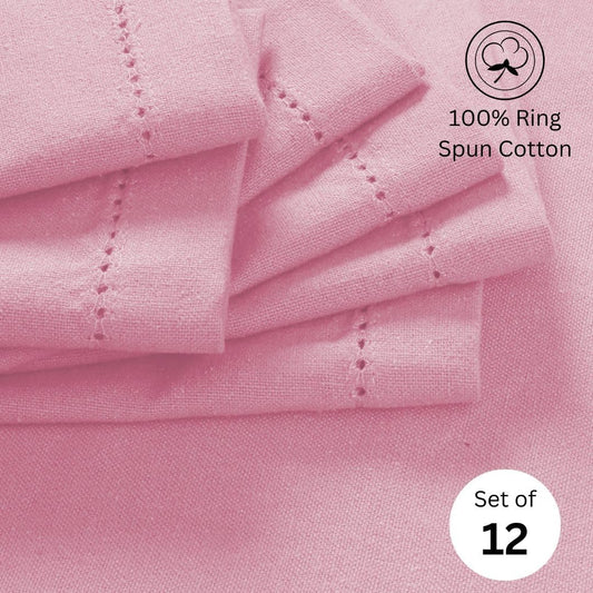 Hemstitch Dinner Napkins 100% Cotton Set of 12 - for Dining Special Occasions Weddings Parties Holidays Easter - Soft Durable Reusable - Elegant 18x18 Inch Table Cloth Napkins Baby Pink