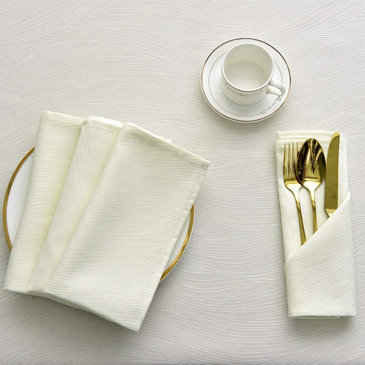 maxmill Jacquard Cloth Napkin 20 x 20 Inch Swirl Pattern Solid Washable Polyester Dinner Napkins Set of 4 with Hemmed Edges Great for Family Holiday Dinners Weddings Parties and Banquets Ivory