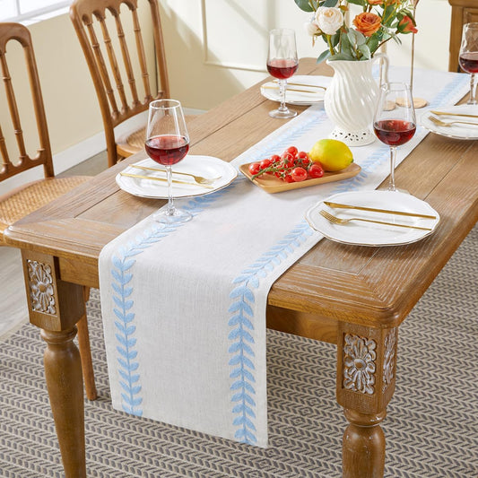 Wracra Embroidered Table Runner Irregular Willow Leaf Table Runners 60 Inches Long for Dresser Home Dining Table Decor,14 x 60 Inch, Blue