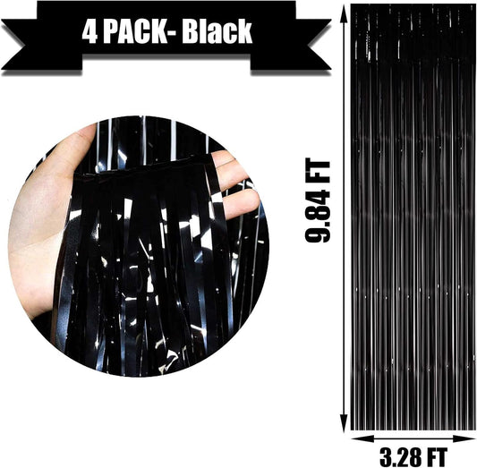 4 Pack Black Foil Fringe Curtain Backdrop, 3.28Ftx9.84Ft Metallic Tinsel Foil Fringe Streamers Curtains for Party, Photo Booth Props, Birthday, 2022 Graduation Decoration Supplies