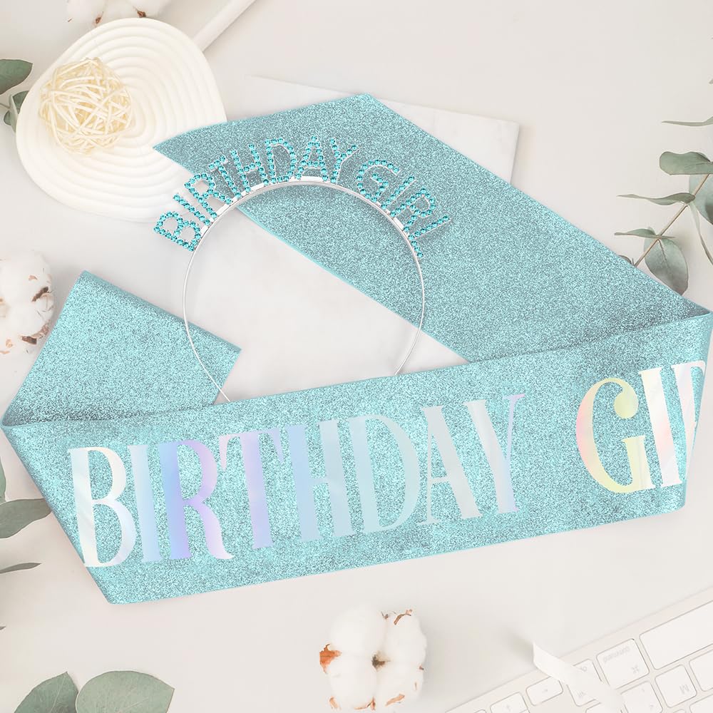 Birthday Sash Birthday Crown for Women, Birthday Girl Sash, Birthday Girl Crown, Glitter Light Blue Birthday Sash and Crown Rhinestone Headband Set, Happy Birthday Girl Princess Tiara Sash Accessories