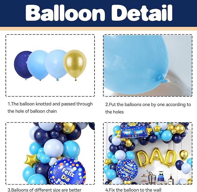 Father's Day Balloon Arch, Navy Blue Metallic Gold Light Blue Balloon Garland Kit with Large Dad Party Balloons, Dad Letter Foil Balloons for Father's Day Party Decorations