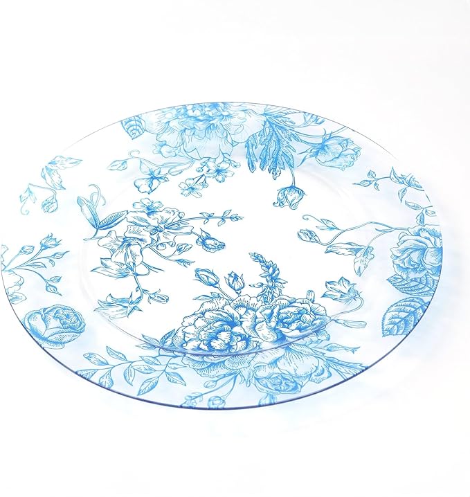 Efavormart 6 Pack Floral Acrylic Charger Plates in French Toile Pattern, Clear Light Blue Round Dinner Charger Event Tabletop Decor - 13"