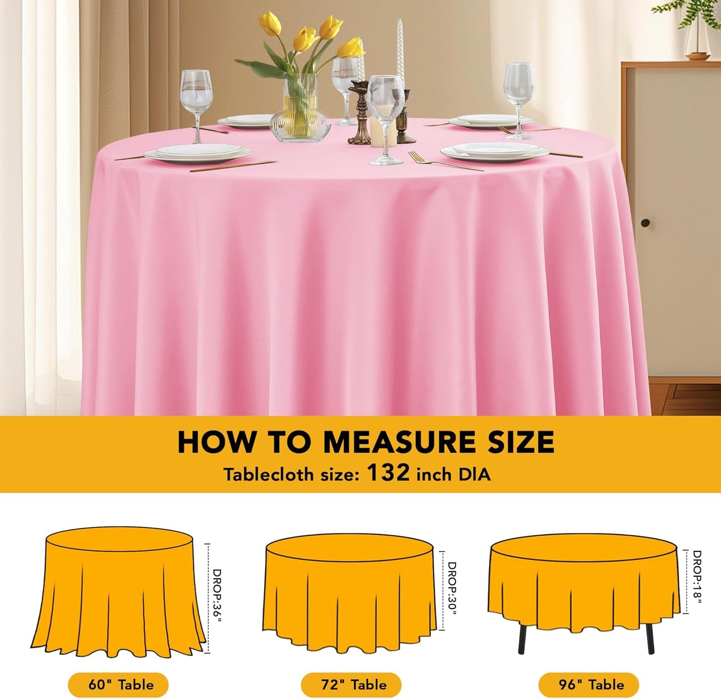 6-Pack Pink Round Tablecloths, 132 Inches, Stain-Resistant Polyester for 6-8 Ft Round Tables - Washable Table Covers for Weddings, Banquets, Birthday Parties, Events