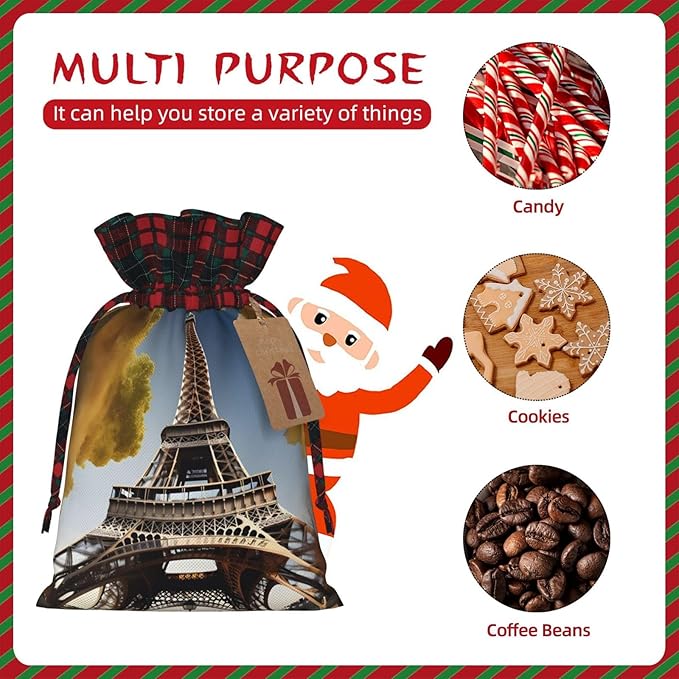 PULaif Cityscape Paris Eiffel Tower France Christmas Drawstring Gift Bags, Large Size Christmas Bags For Gifts Party Favors, Xmas Gift Bags