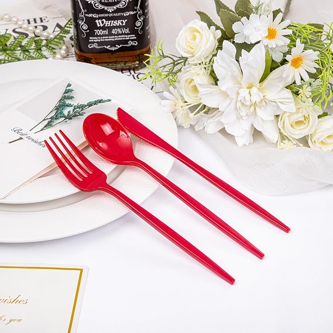 PULOTE 150PCS Red Plastic Silverware Set - Heavy Duty Plastic Cutlery - Red Utensils Disposable Include 50 Forks, 50 Spoons, 50 Knives for Party & Valentines Day