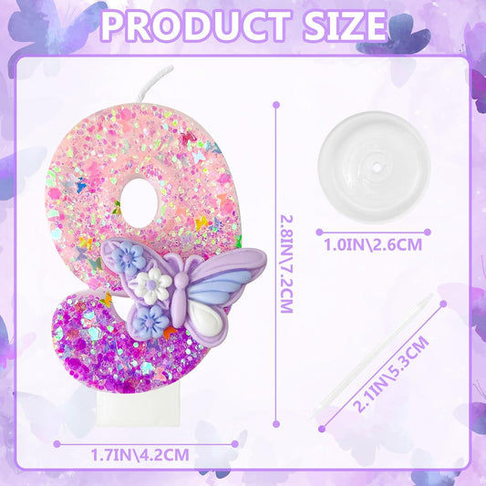 HXOUSE Butterfly Number 9 Birthday Candles - Pink & Purple Butterfly Birthday Candles for Cake, 9 Candle Topper for Anniversary Celebrations Supplies, Fairy Party Decorations for Girl (Number 9)
