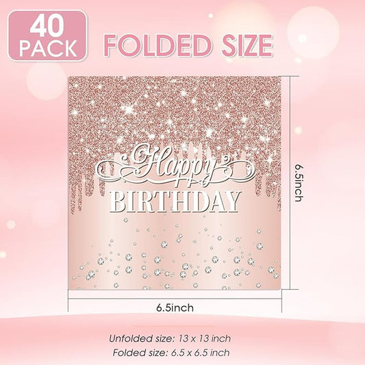 40Pcs Happy Birthday Napkins Rose Gold Birthday Decorations for Girls Women Disposable Diamond Rose Gold Cocktail Beverage Napkins for Dinner,Wedding, Birthday,Anniversary Party Supplies