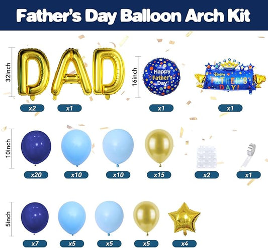 Father's Day Balloon Arch, Navy Blue Metallic Gold Light Blue Balloon Garland Kit with Large Dad Party Balloons, Dad Letter Foil Balloons for Father's Day Party Decorations