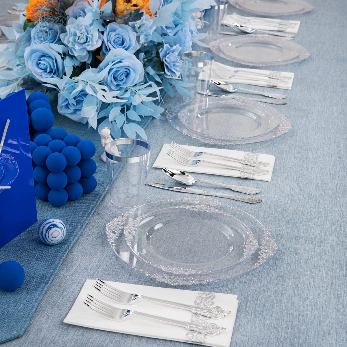 FLOWERCAT 175PCS Clear Silver Plastic Plates Set β Disposable Tableware for Weddings, Parties & New Year