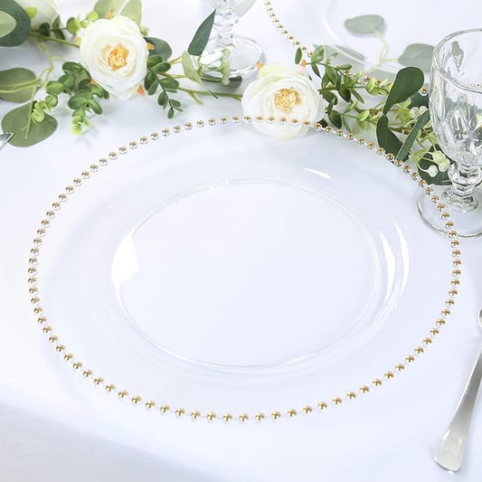 Efavormart 10 Pack Clear Gold Economy Plastic Charger Plates with Beaded Rim, Round Decorative Serving Plates - 13"