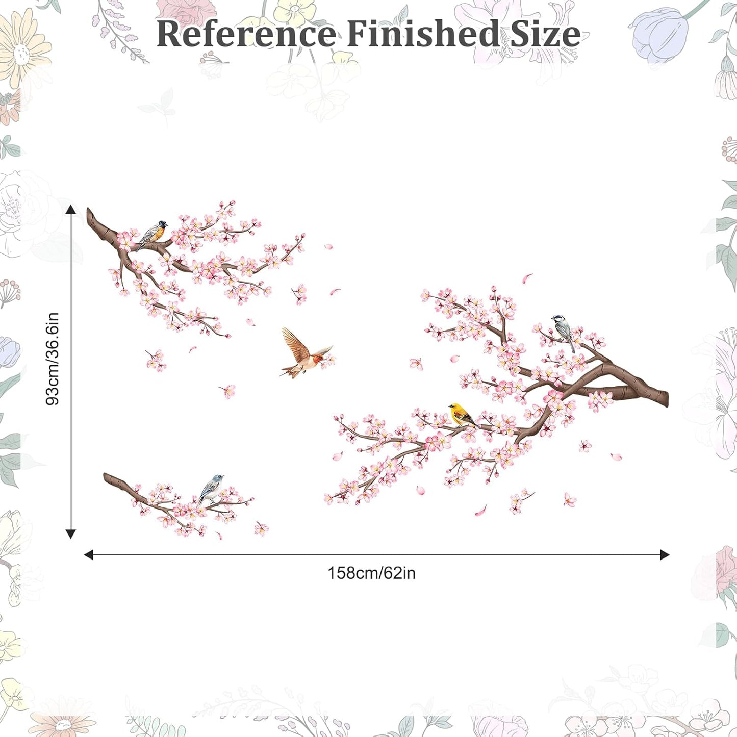 Pink Cherry Blossom Branch Wall Decals, Flowers Birds Wall Stickers Vinyl Peel and Stick Wall Decal Self Adhesive Wall Art Sticker for Aisle Bedroom Offices Sofa TV Backdrop Wall Home Decor