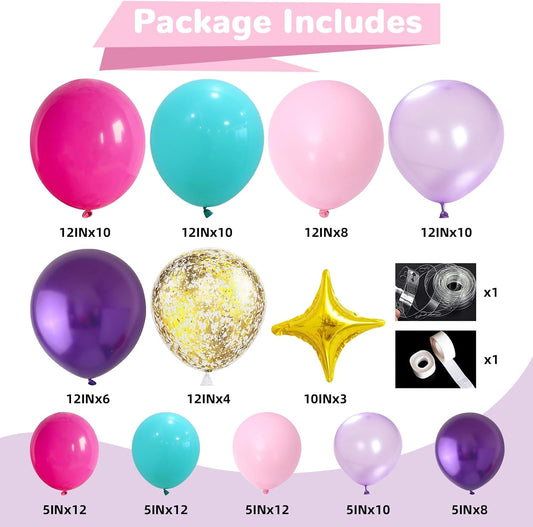 Pink Purple Blue Balloon Arch Kit Teal Hot Pink Metallic Purple Party Latex Balloon Garland with Confetti and Star Foil Balloons for Girls Princess Birthday Baby Shower Neon Party Decorations