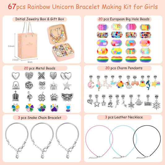 Charm Bracelet Making Kit for Girls 8-12, Kids Jewelry Making Kit 66Pcs Jewelry Kits for Girls Ages 5-7 Jewelry Maker Craft Necklace Birthday Christmas Gifts with Initial Jewelry Organizer Box - A