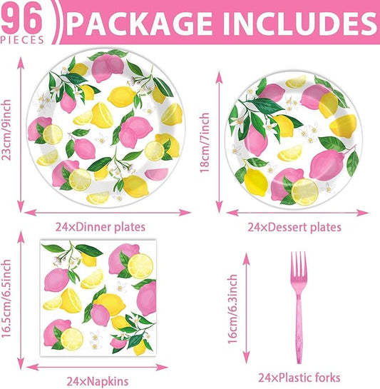 OBUSATT 96Pcs Pink Lemon Party Supplies Lemon Paper Plates Napkins Lemons Summer Party Decorations Pink Lemonade Dinnerware Party Favor Birthday Party Picnic HomeTableware Serves 24