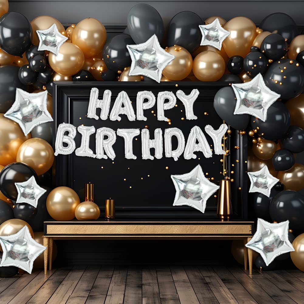 TONIFUL 35PCS Silver Happy Birthday Decorations 16 Inch Happy Birthday Balloon Banner with Star Balloons Mylar Foil Birthday Party Decorations Supplies for Men Women Adults Girls Boys Kids