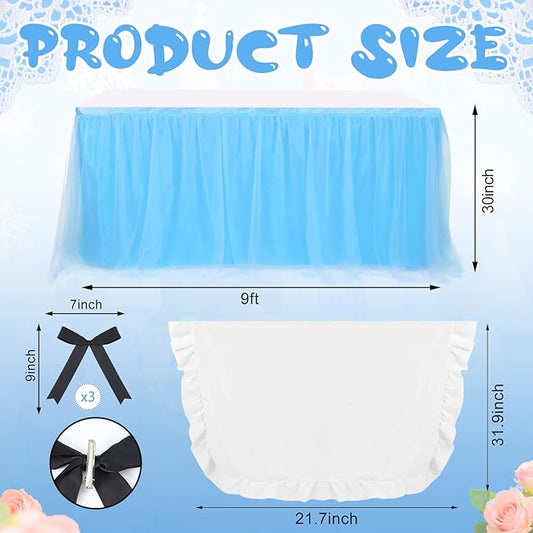 5 Pcs Wonderland Party Decorations Wonderland Table Cloth Blue Mesh Table Group, White Tablecloth Black Bow for Tea Party Celebrations Hatter Birthday Mother's Day