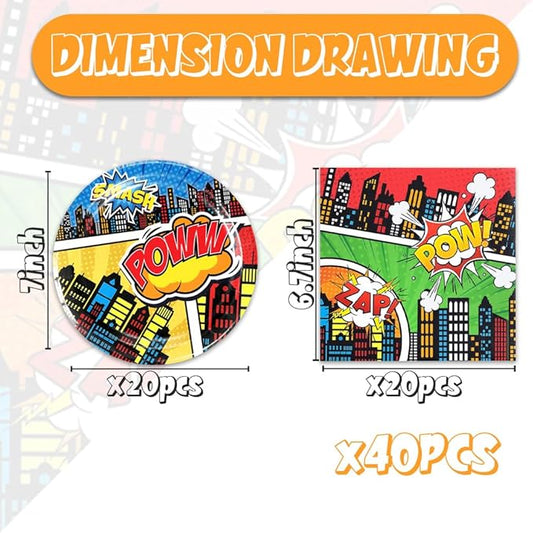 40pcs Super Theme Hero Party Decorations Hero Action Sign Plates Napkins for Comic Heroes Birthday Decorations Hero's Action Sign Cityscape Buildings Tableware Set,Suitable for 20 Guests