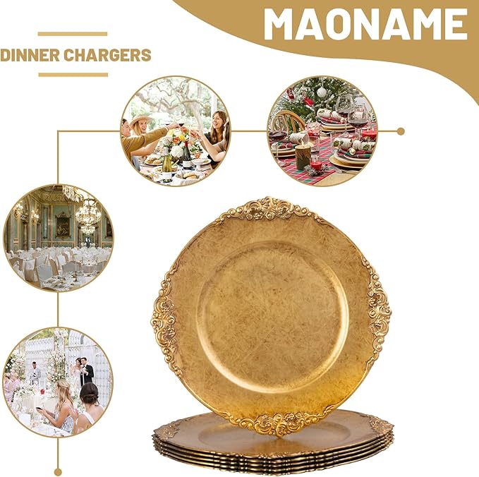 MAONAME Antique Gold Charger Plates, Round Antique Plate Chargers for Dinner Plate, 13" Plastic Charger for Plates, Wedding Table Setting, Set of 6