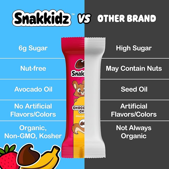Snakkidz Organic Chewy Granola Bar, Allergen Free, Made with Avocado Oil, Low Sugar (45 Bars, Variety)