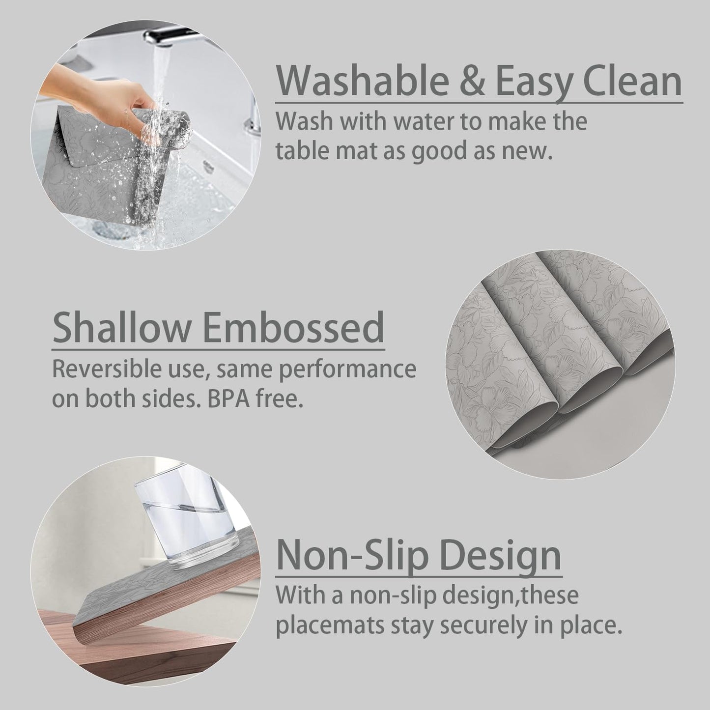 17" ร 12" Faux Leather Placemats Set of 6, Light Gray, Washable, Wipeable & Heat-Resistant Table Mats, Waterproof & Anti-Slip Dining Place Mats with Shallow Embossed Texture for Kitchen & Dining