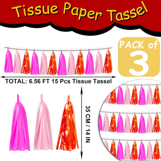 3P Hot Pink Orange LightPink Metallic Fringe Banner Garland Foil Tinsel Streamer Backdrop Banners for Parties, Wall Hanging Curtain Parade Floats,Graduation Decorations, Wedding Party Decoration