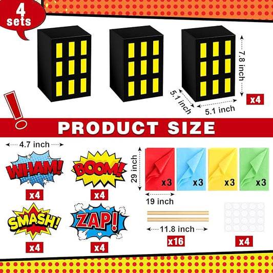 4 Sets Hero Theme Party Decoration Hero Boxes Centerpiece (7.9 x 5.1 x 5.1 Inch) Sticks with Tissue Paper Standing Cards Birthday Baby Shower Party Supplies (Yellow)
