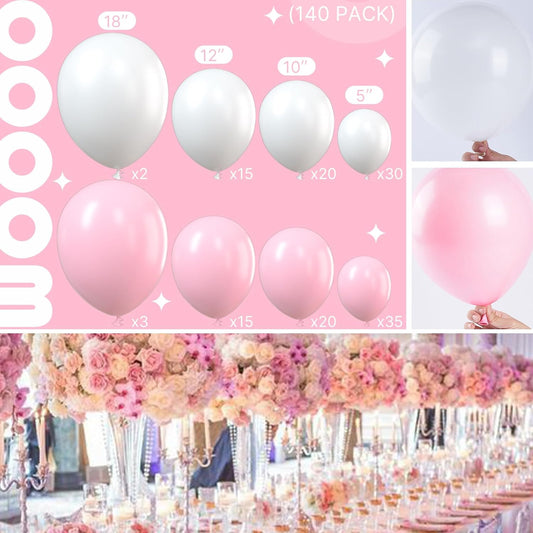 PartyWoo Pink and White Balloons, 140 pcs Pastel Pink and White Balloons Different Sizes Pack of 18 Inch 12 Inch 10 Inch 5 Inch for Balloon Garland or Arch as Birthday Decorations, Party Decorations