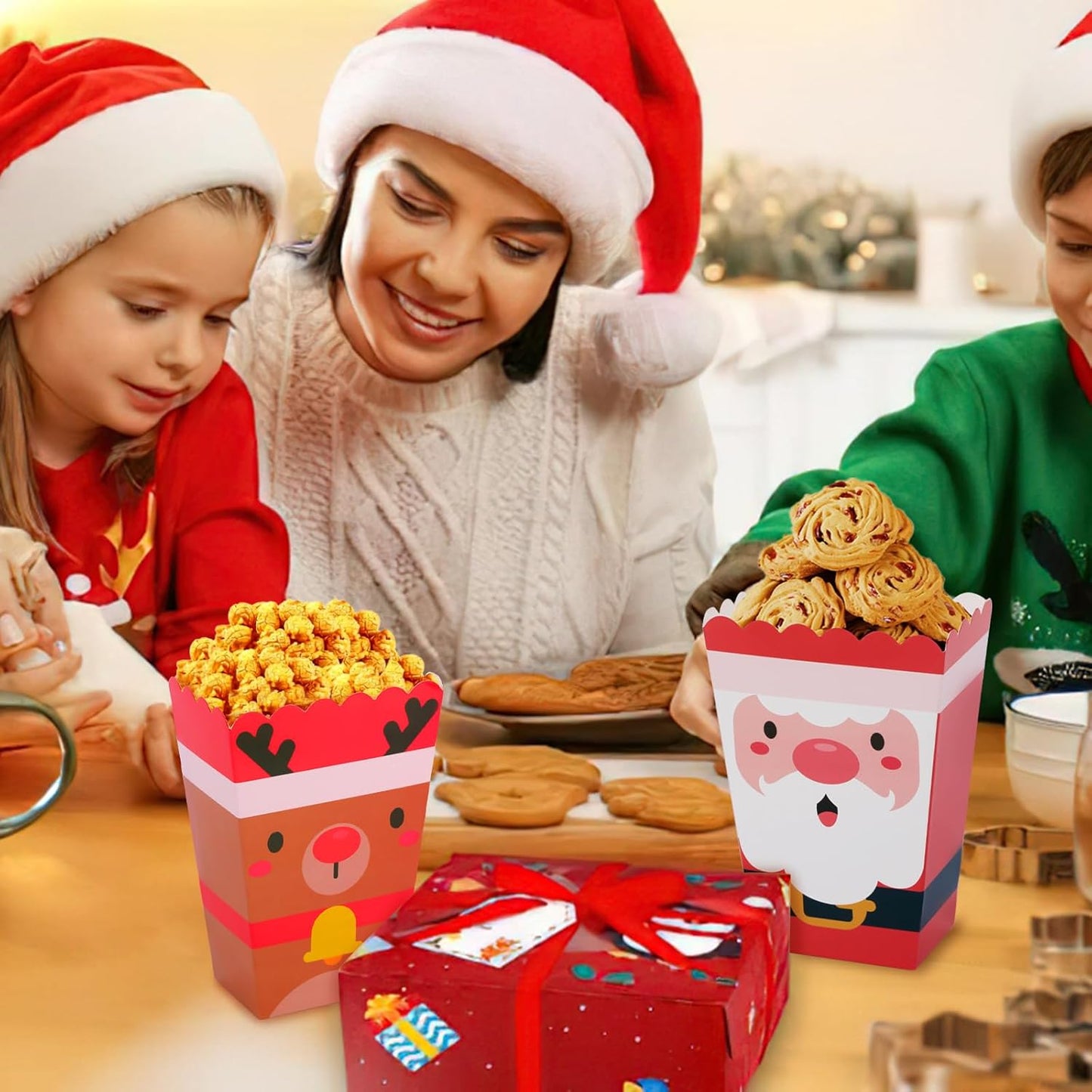 DECYOOL 24 Pcs Christmas Popcorn Boxes, Mini Christmas Popcorn Boxes Snowman Reindeer Santa Or Treating Candy Cookie Treat Box for Christmas Theme Birthday Party (4 Styles)