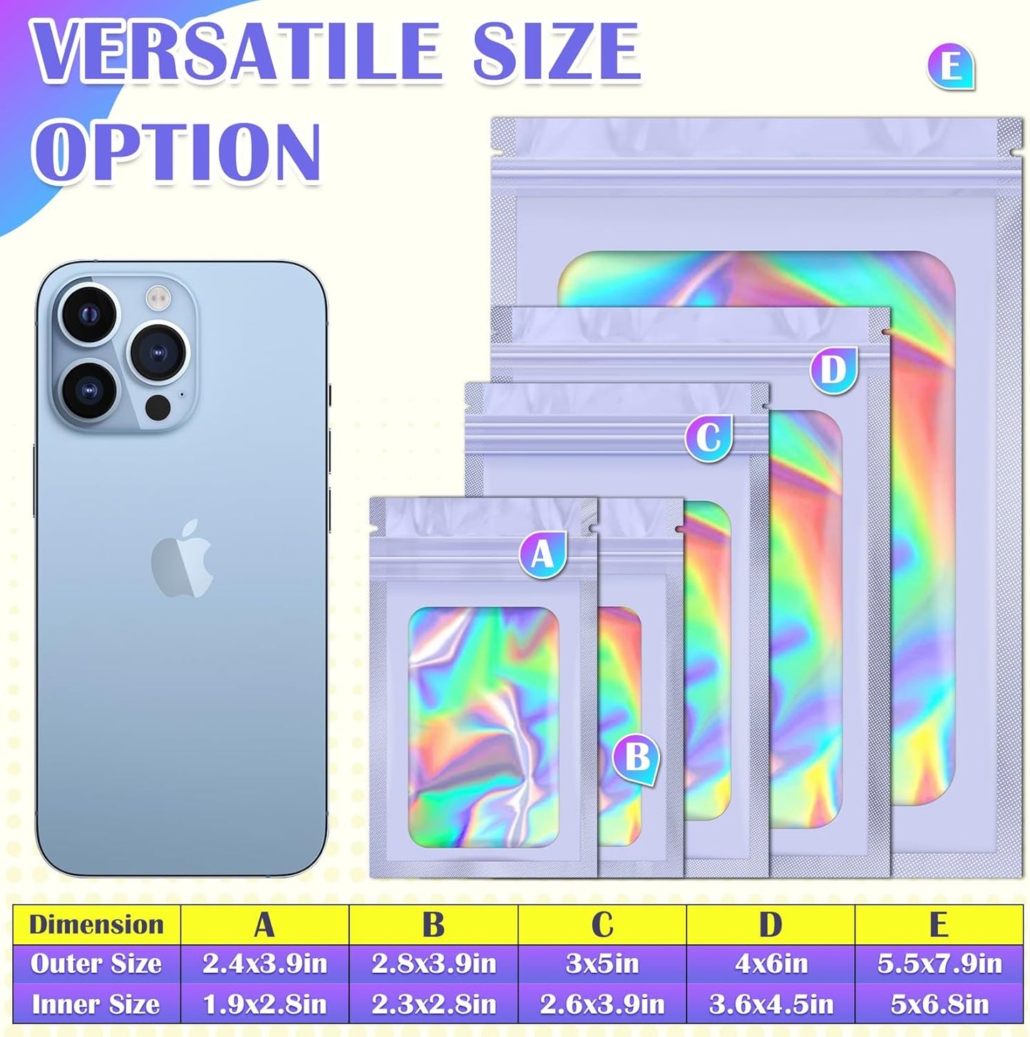 100 Pcs Mylar Bags, Smell Proof Bags Foil Pouch, Holographic Resealable Bags for Small Business, Candy Sample Jewelry Bag Sealable Packaging for Party Favor Food Storage (2.8x3.9in-Purple)