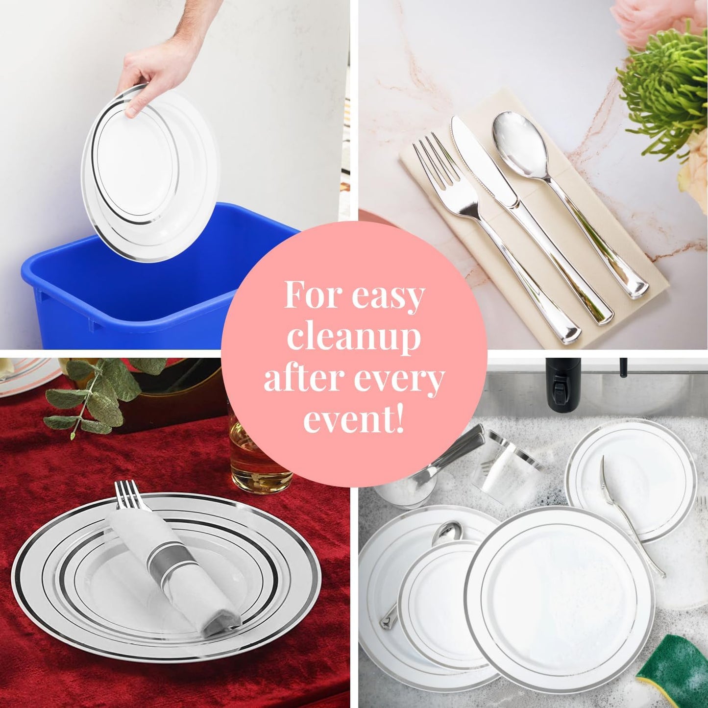 Prestee 600 Piece Dinnerware Set for 100 Guests - Elegant Disposable Silverware and Party Plates for Events - Includes Cutlery Set with 100 Dinner Plates, Salad Plate, Cups, Knives, Forks, and Spoons