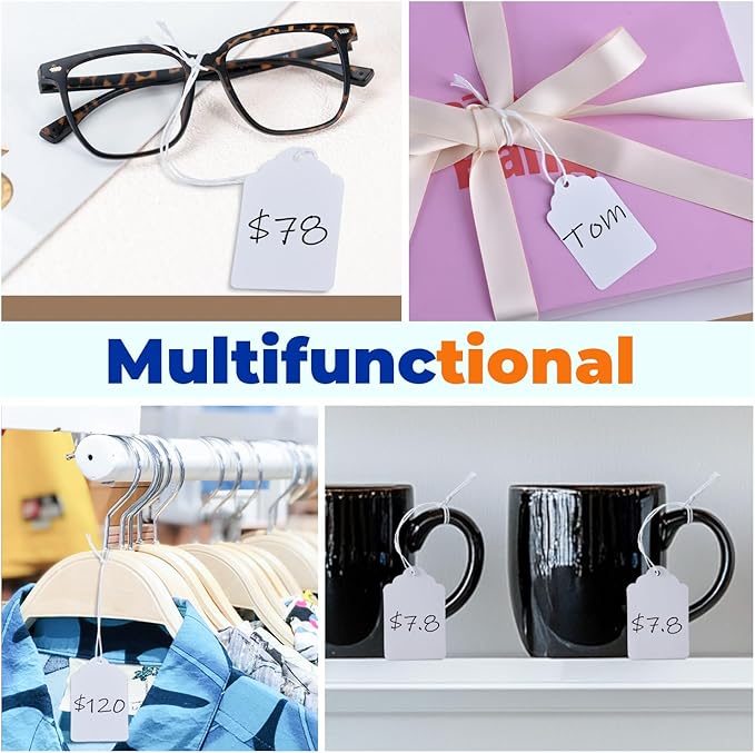 Price Tags with Strings Attached, 1000pcs Marking White Merchandise Hang Tags Labels for Goods Gifts Jewelry Clothing Garage Yard Rummage Sale Supplies 1 3/8" x 2 1/8"