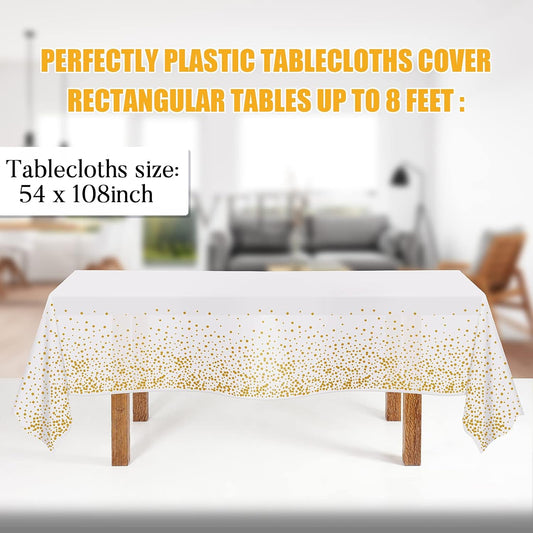 Tablecloths for Rectangle Tables,3 Pack 54" X 108" Plastic Table Cloth Disposable Table Covers Engagement Party Decorations, White Gold Dot Tablecloths Disposable Tablecloth for Weddings Buffet Tables