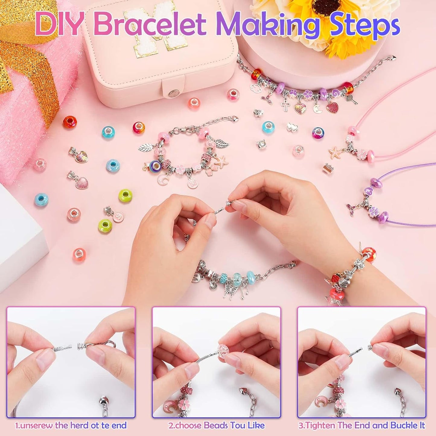 Billbotk Bracelet Making Kit with Jewelry Box Charm Beads for Jewelry Making Kit DIY Bracelet Craft Kit Cute Birthday Valentine Gifts Christmas