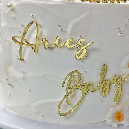 Gold Cake Topper with Aries Zodiac Sign,Acrylic Baby Text Decoration Aries Season/12 Zodiac Constellation Theme Birthday Zodiac Cake Decor,March/April Birthday Cake Decorations for Girl/Boy