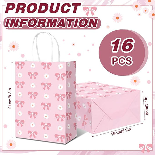 Kolldenn 16 Pcs Coquette Daisy Bow Paper Gift Bags Women Mother's Day Birthday Favor Goodie Candy Bags with Handles for Bridal Engagement Baby Shower Party Supplies