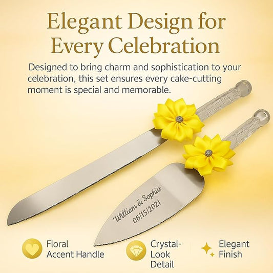 GIFTS INFINITY Personalized Wedding Cake Knife and Server Set with Engraving – Cake Cutting Utensil Set, Keepsake Gift for Wedding, Anniversary, Reception, Birthday & Other Occasions (Lime Yellow)