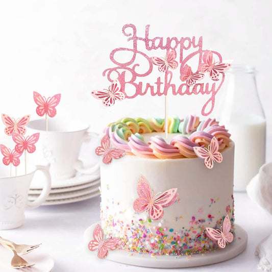 13-Pieces Pink Butterfly Cake Toppers 3D Butterfly Cupcake Topper for Girls Women's Happy Birthday Cake Topper Butterfly Birthday Cake Decorations Butterfly Party Decorations (Pink)