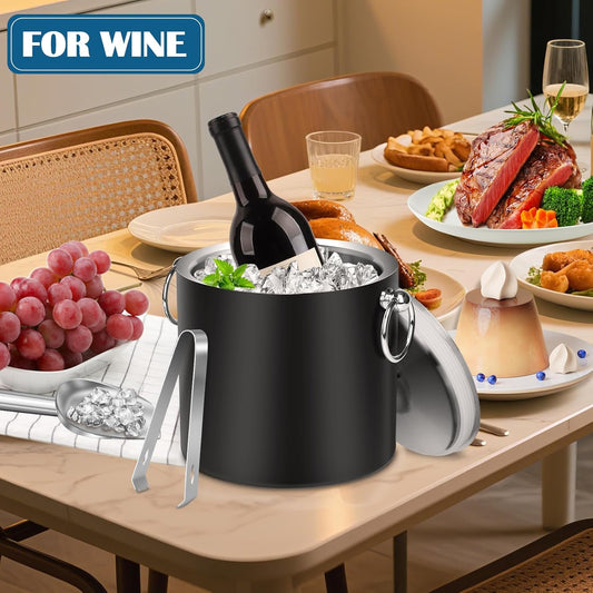 Ice Bucket with Lid & Tong- Well Made Insulated Stainless Steel Keep Ice Frozen Longer - Ideal for Cocktail Bar, Parties, Chilling Wine, Champagne - 3 Liter (Black)