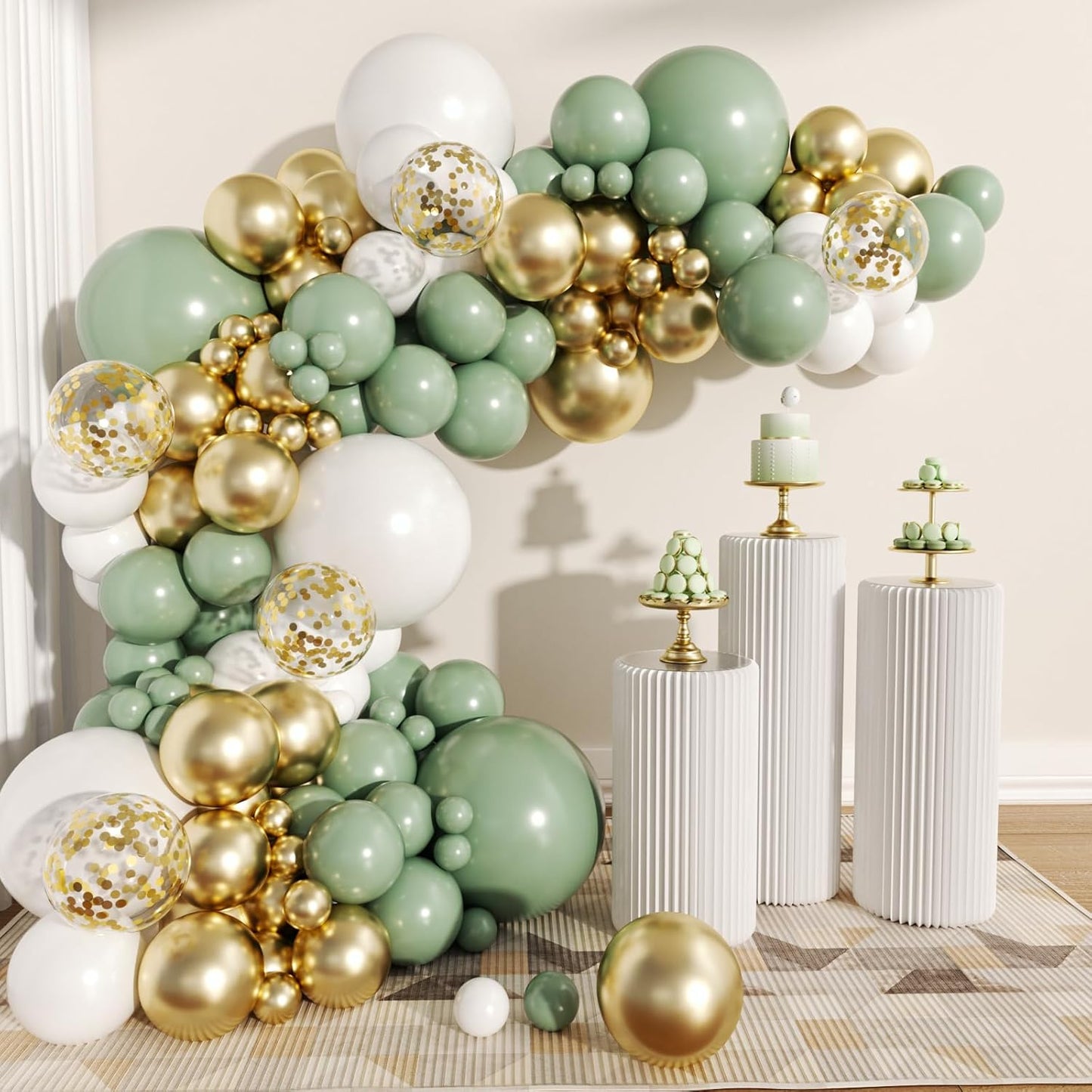 62Pcs 12Inch Sage Green White Gold Balloons Arch Kit, Green White Metallic Gold Confetti Balloons with Ribbons for Birthday, Wedding, Baby Shower, Graduation, Eucalyptus Party Decorations