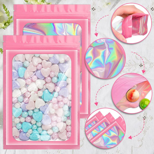 100 Pieces Smell Proof Mylar Resealable Bags, Holographic Packaging Bags, Resealable Odor Foil Pouch Zip Bag with Clear Window for Food Storage and Lipgloss, Jewelry Lash (Pink, 3.1 x 5.1 Inch)