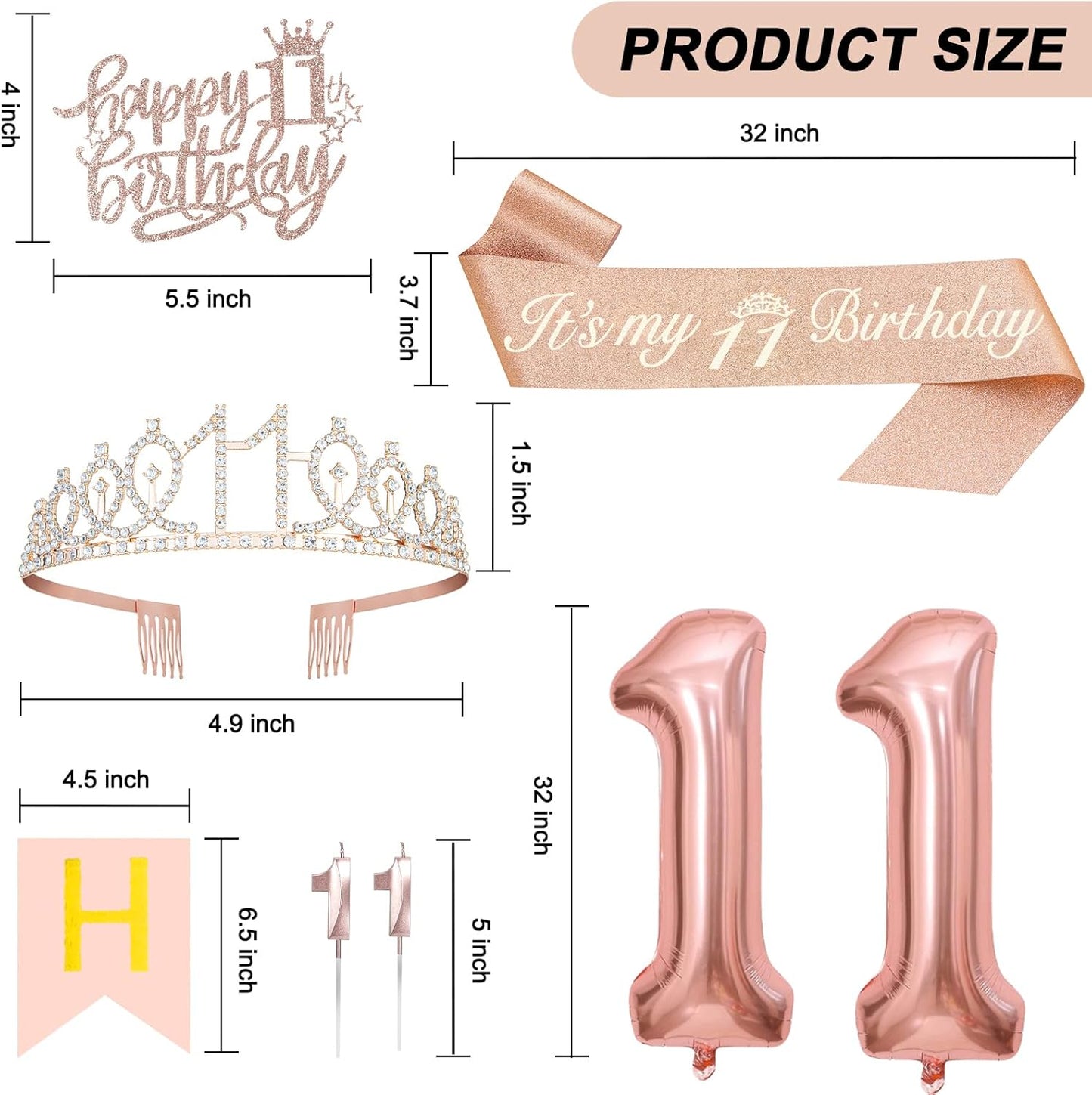 11th Birthday Decorations for Girls, Including 11th Tiara and Sash, Happy Birthday Banner, Cake Toppers, Number Candles and Balloons Set, Rose Gold