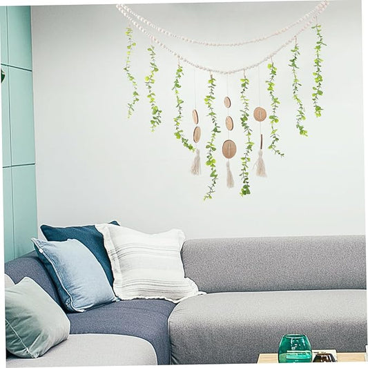 Hanging Photo Display Wooden Beads and Eucalyptus Leaves Stylish Wall Decor for Bedroom and Living Room Easy to Install Picture Holder Garland for Home Decoration