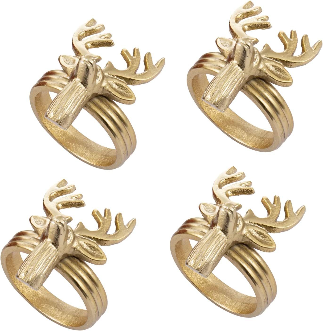 MyGift 4 Pc Deer Head Brass Napkin Rings, Decorative Brass-Tone Cast Aluminum Reindeer Ring for Dinner Napkins, Elk Shaped Cloth Serviette Holder - Handcrafted in India
