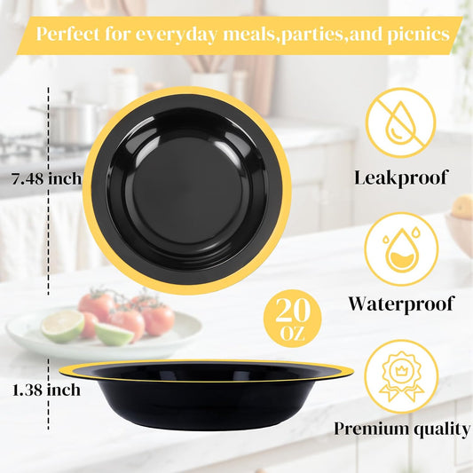 Liacere 60Pcs Black Plastic Bowls - Disposable Black and Gold Dessert Bowls - 12OZ Premium Plastic Soup Bowls for Wedding &Halloween