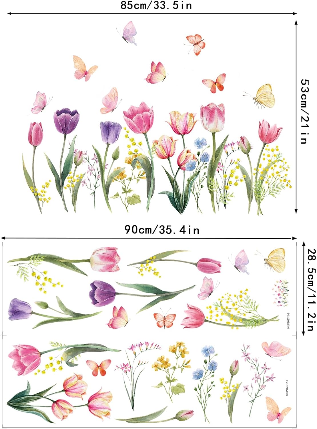 Tulip Flowers Wall Decals Watercolor Floral Butterfly Wall Stickers Colorful Flowers Wall Mural Removable Flower Peel and Stick Wall Art for Girls Bedroom Kids Nursery