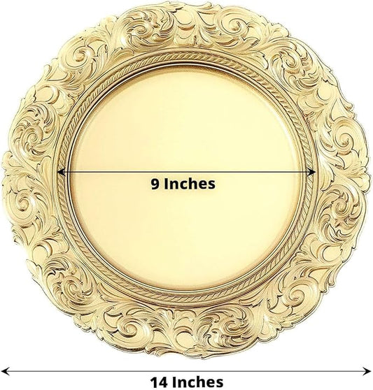 Efavormart Set of 6 GOLD 14" Round Plastic Charger Plates With Engraved Baroque Design Rim For Wedding Party Events