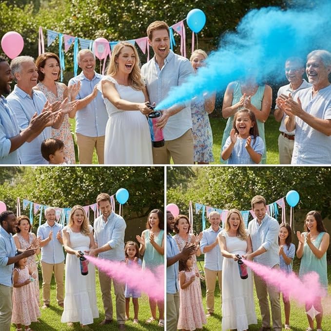 Giant Gender Reveal Fire Extinguisher (2 Pack), 2lb Color Powder Cannon Blasts 20+ Feet, Vibrant Pink Smoke Spray with Non-Toxic Cornstarch, Unique Handheld Party Supplies for Outdoor Baby Reveal