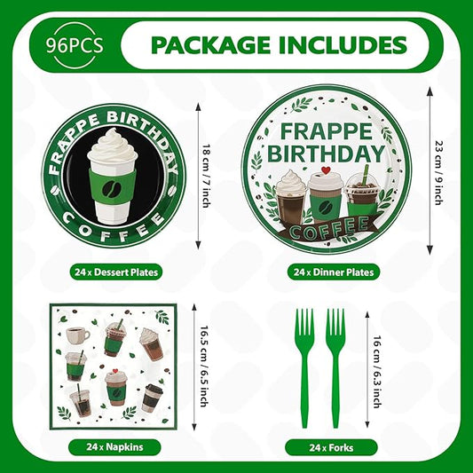 Grencian Green Coffee Birthday Party Decorations - 96Pcs Green Iced Coffee Theme Supplies Plates and Napkins Disposable Tableware Set for Latte Lover Birthday Party Decorations Serve 24